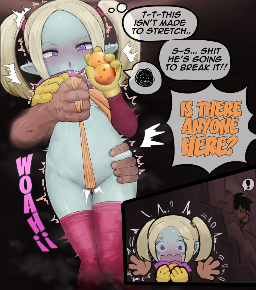 1girl 2boys @_@ absurdres alien blonde_hair blue_skin colored_skin dragon_ball dragon_ball_(object) dragon_ball_daima english_text forehead frontal_wedgie giving_wedgie gluteal_fold highres loli multiple_boys osukareen pansy_(dragon_ball_daima) son_goku spoken_squiggle squiggle thigh_gap thighhighs twintails wedgie