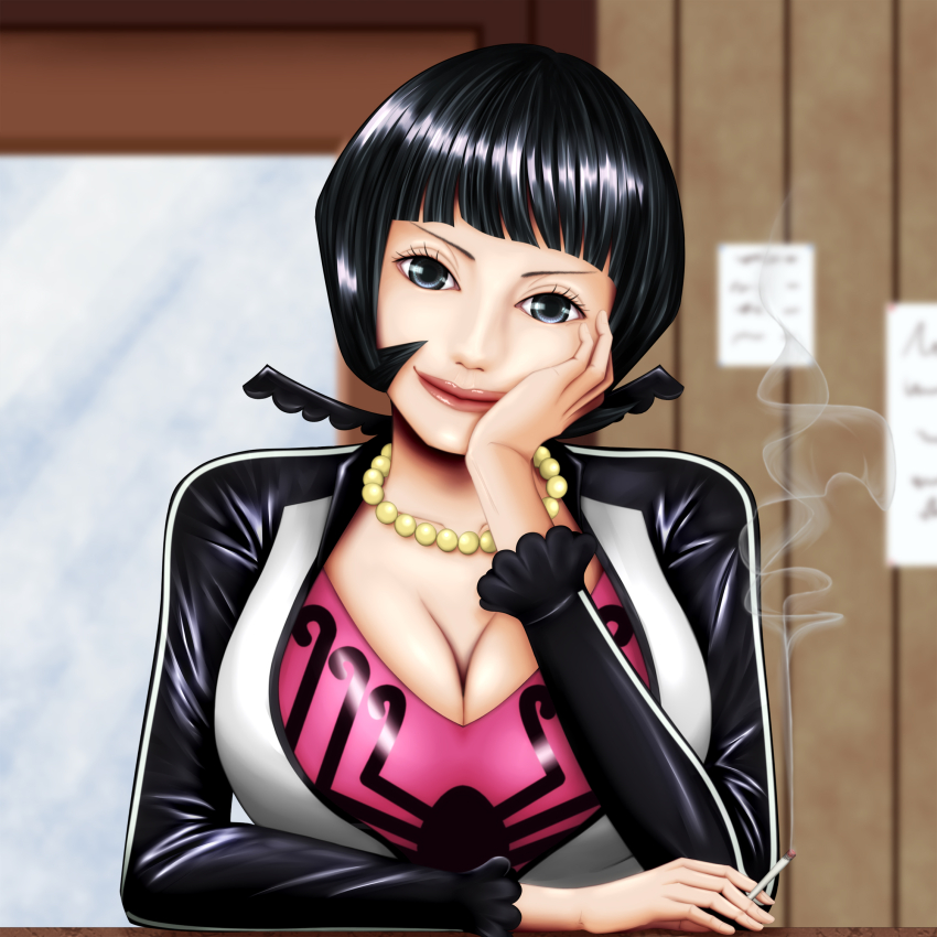 1girl black_eyes black_hair bob_cut cigarette commentary cropped_cardigan hand_on_own_cheek hand_on_own_face highres holding holding_cigarette jewelry long_sleeves looking_at_viewer mitsuki32 necklace one_piece pink_shirt shakuyaku_(one_piece) shirt smile solo
