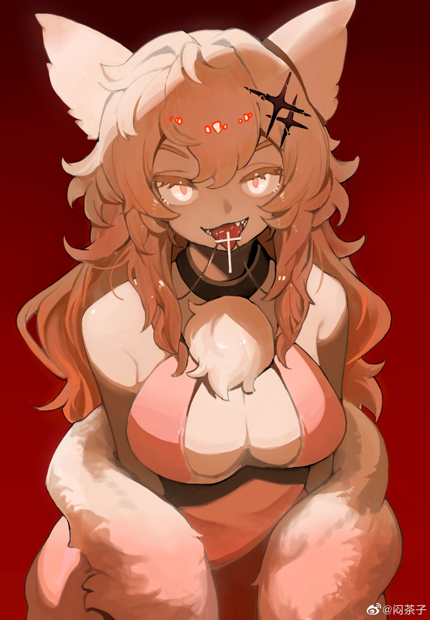 1girl absurdres alchemy_stars animal_ears arms_at_sides bare_shoulders breasts cat_ears cleavage cleavage_cutout clothing_cutout coat collar cross cross_necklace dress eyelashes fur-trimmed_coat fur_trim gradient_background highres jewelry large_breasts long_hair looking_at_viewer menthako necklace off_shoulder philyshy_(alchemy_stars) philyshy_(sweet_dreams)_(alchemy_stars) red_background red_dress solo strapless strapless_dress tongue tongue_out upper_body v-shaped_eyebrows watermark weibo_watermark yumi_(alchemy_stars)