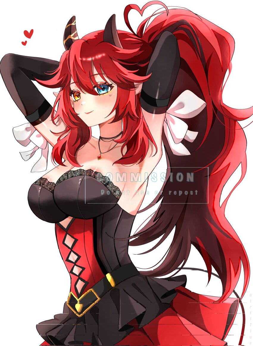1girl absurdres ahoge airiillus areola_slip argyle_cutout armpits arms_behind_head arms_up bare_shoulders belt black_choker black_dress blue_eyes breasts brown_hair character_request choker cleavage closed_mouth clothing_cutout commission cowboy_shot detached_sleeves dress heart heart_ahoge heterochromia highres horns indie_virtual_youtuber jewelry long_hair looking_at_viewer medium_breasts multicolored_hair necklace pointy_ears ponytail red_dress simple_background smile solo strapless strapless_dress two-tone_dress two-tone_hair very_long_hair vgen_commission virtual_youtuber white_background yellow_eyes