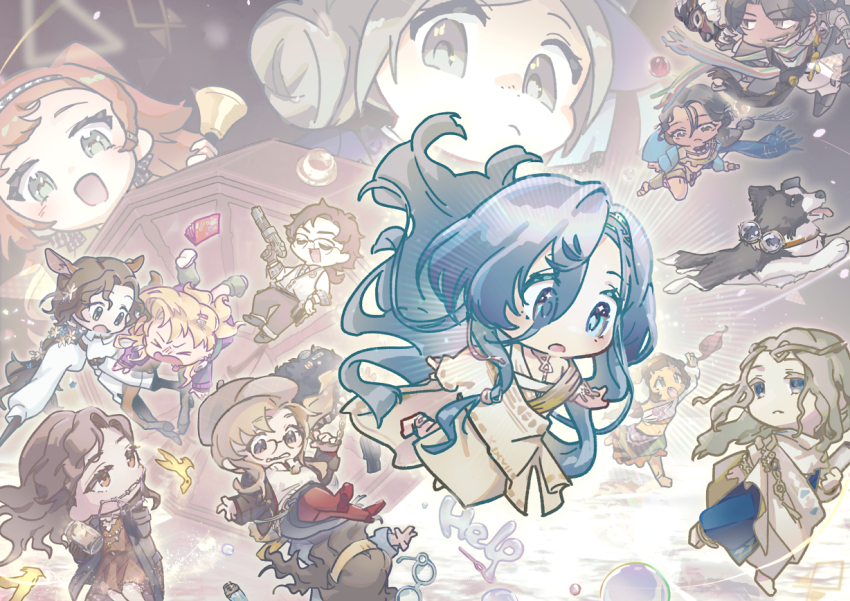 &gt;_&lt; 37_(reverse:1999) 4boys 6+girls 6_(reverse:1999) :d :o ancient_greek_clothes animal_ears black_hair blonde_hair blonney blue_hair border_collie braces brown_hair brown_jacket brown_pants newsboy_cap centauroid checkered_hairband chibi circlet closed_eyes coat deer_ears deer_girl diggers_(reverse:1999) dog dress floating floating_hair full_body glasses goggles goggles_around_neck greco-roman_clothes green_eyes green_skirt grey_background grey_coat grey_hat gun hair_between_eyes hair_bun hairband handgun hat himation holding holding_gun holding_jar holding_weapon horropedia jacket jar jessica_(reverse:1999) kaalaa_baunaa kanjira long_hair looking_back looking_down melania_(reverse:1999) ms._acey multiple_boys multiple_girls open_mouth orange_hair pants pickles_(reverse:1999) red_dress reverse:1999 shamane shirt single_side_bun skirt smile sonetto_(reverse:1999) susii taur toga tooth_fairy_(reverse:1999) turning_head vertin_(reverse:1999) weapon white_shirt