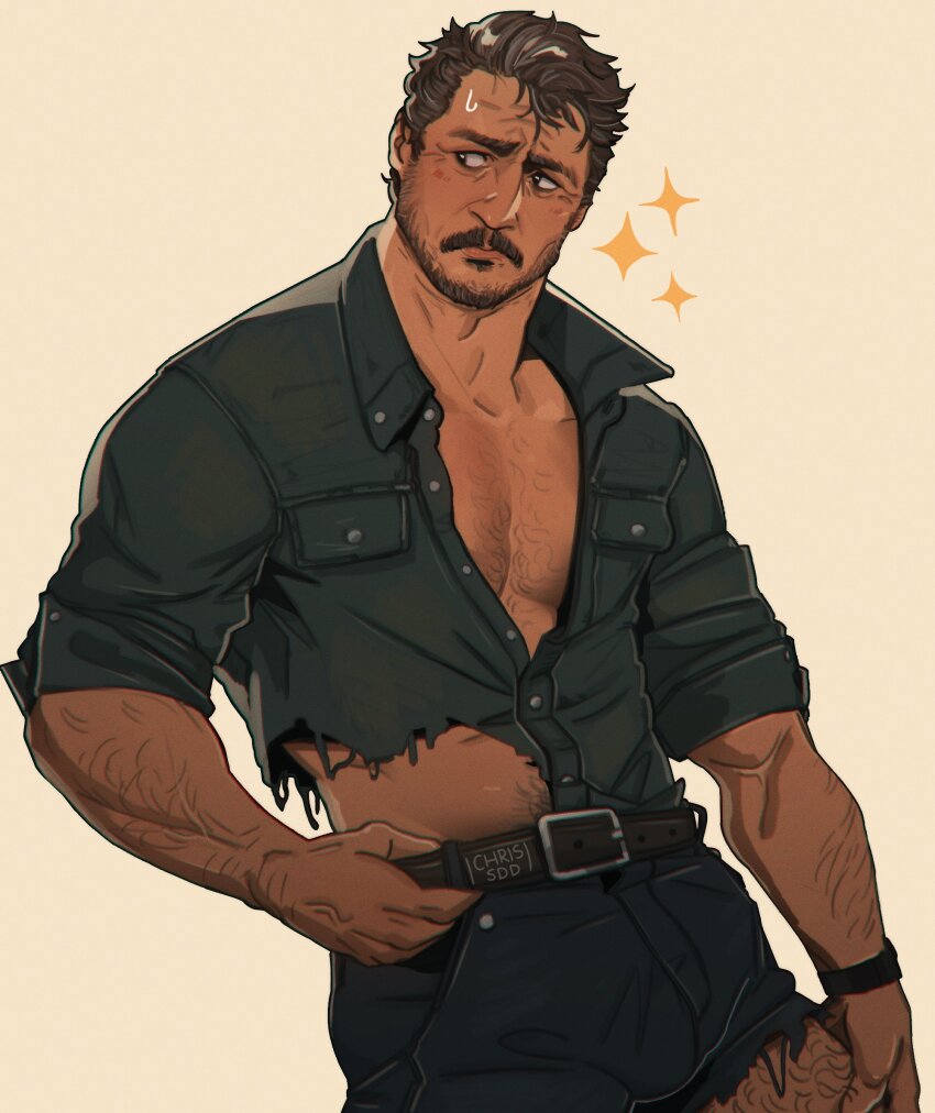 1boy arm_hair beard belt blue_pants blue_shirt brown_hair chest_hair chris_sdd collared_shirt denim facial_hair hand_on_belt highres jeans joel_(the_last_of_us) looking_to_the_side male_focus muscular muscular_male mustache pants shirt short_hair simple_background solo sparkle the_last_of_us the_last_of_us_(series) torn_clothes torn_pants torn_shirt white_background yaoi