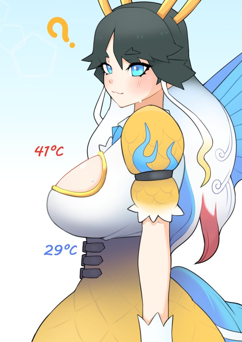 1girl :3 ? animal_ears black_hair blue_eyes blush cleavage_cutout clothing_cutout collared_dress dress extra_ears from_side giraffe_ears giraffe_girl giraffe_horns giraffe_tail highres horns illu_(illu_stratos) kemono_friends kirin_(kemono_friends) long_hair multicolored_hair puffy_short_sleeves puffy_sleeves red_hair short_sleeves sidelocks solo tail temperature white_dress white_hair wings yellow_dress
