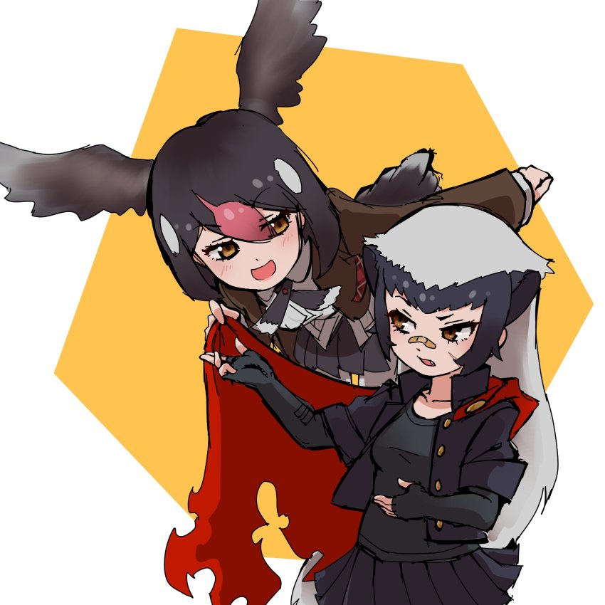2girls animal_ears aoi_suzu_(kurone) badger_ears badger_tail bandaid bandaid_on_face bandaid_on_nose bent_over bird_girl bird_tail bird_wings black_hair brown_eyes cape collarbone colored_inner_hair dress_shirt elbow_gloves extra_ears facial_scar fang fingerless_gloves floating gloves greater_honeyguide_(kemono_friends) grey_hair head_wings highres jacket kemono_friends long_hair long_sleeves looking_at_another medium_hair multicolored_hair multiple_girls open_clothes open_jacket open_mouth open_shirt pink_hair pleated_skirt raised_eyebrow ratel_(kemono_friends) red_cape scar scar_on_cheek scar_on_face shirt shirt_under_shirt sidelocks skirt smile tail undershirt v-shaped_eyebrows very_long_hair wings