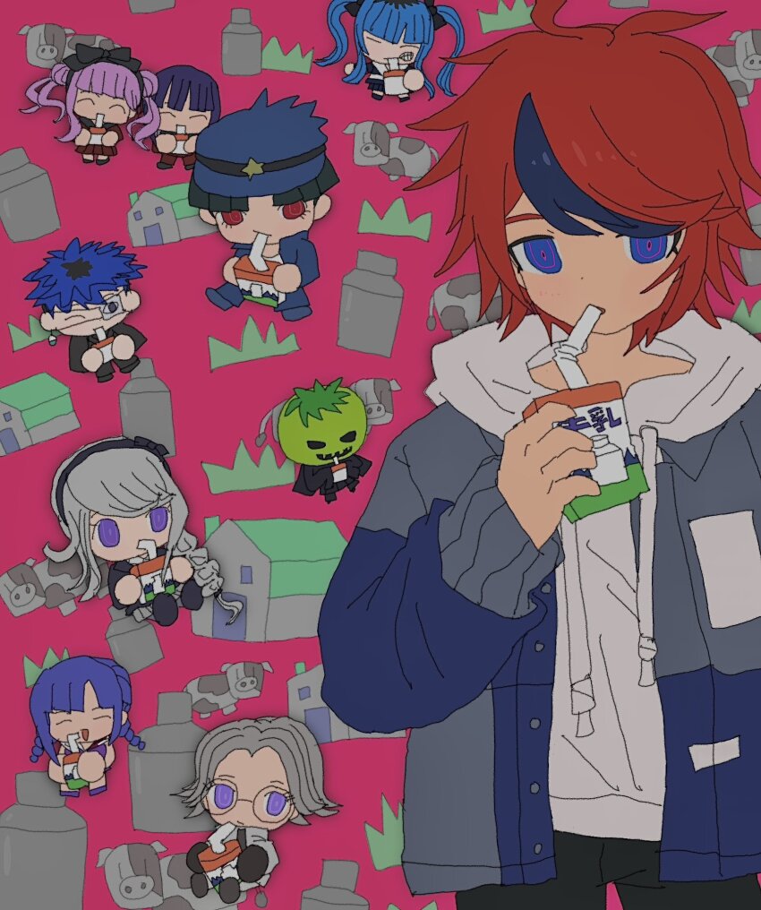 amemiya_darumi aotsuki_eito black_bow black_coat black_hair black_hat black_pants black_skirt blue_eyes blue_hair bottle bow chibi closed_eyes coat drinking eyepatch glasses grey_jacket hat highres hood hoodie jacket juice_box kirifuji_nozomi looking_at_viewer maruko_gaku mask mask_on_head milk_bottle mojiro_moko multicolored_hair omokage_yugamu oosuzuki_kurara pants pink_hair pleated_skirt ponytail purple_eyes purple_hair red_background red_eyes red_hair red_pants red_skirt shirt short_hair skirt striped_clothes striped_shirt sumino_takumi the_hundred_line_-last_defense_academy- tomato tsukumo_ima tsukumo_kako twintails white_hair white_hoodie white_pants white_skirt
