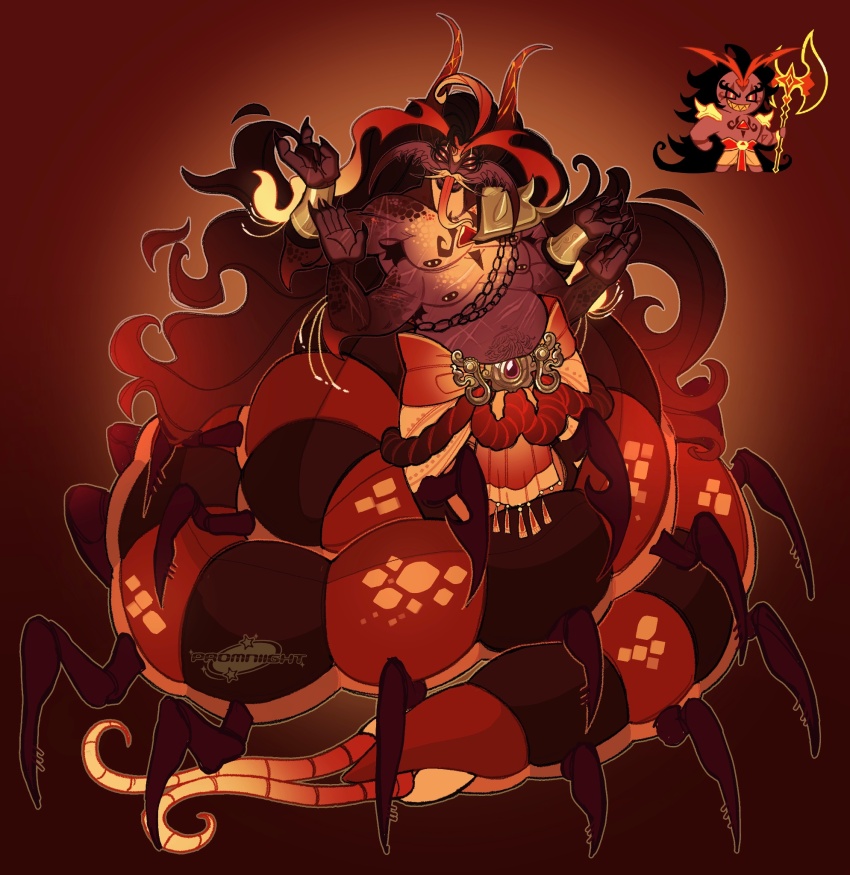 1boy armpit_hair black_hair bug burning_spice_cookie centipede centipede_boy cookie_run dark-skinned_male dark_skin extra_arms extra_eyes highres long_tongue looking_at_viewer mandibles monster_boy navel_hair orange_eyes promflop solo tongue tongue_out very_long_tongue