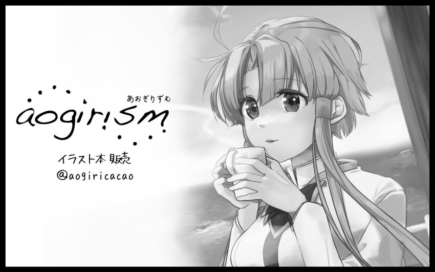 1girl ahoge aogirism aria_(manga) aria_company_uniform artist_name black_border border bow bowtie breasts cup dutch_angle greyscale hair_tubes hands_up highres holding holding_cup long_sleeves looking_at_viewer medium_breasts mizunashi_akari monochrome mug outdoors parted_bangs parted_lips short_hair_with_long_locks solo steam twitter_username