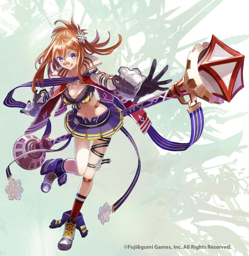 1girl arm_guards bandaid bandaid_on_face bandaid_on_knee bandaid_on_leg bandaid_on_nose black_gloves blue_eyes blue_skirt brown_hair closed_mouth double-parted_bangs full_body gloves gridarvol hair_between_eyes hair_ornament highres long_sleeves looking_at_viewer midriff multiple_weapons official_art phantom_of_the_kill second-party_source simple_background skirt smile snowflake_hair_ornament solo thigh_strap tongue tongue_out watarubou weapon_background