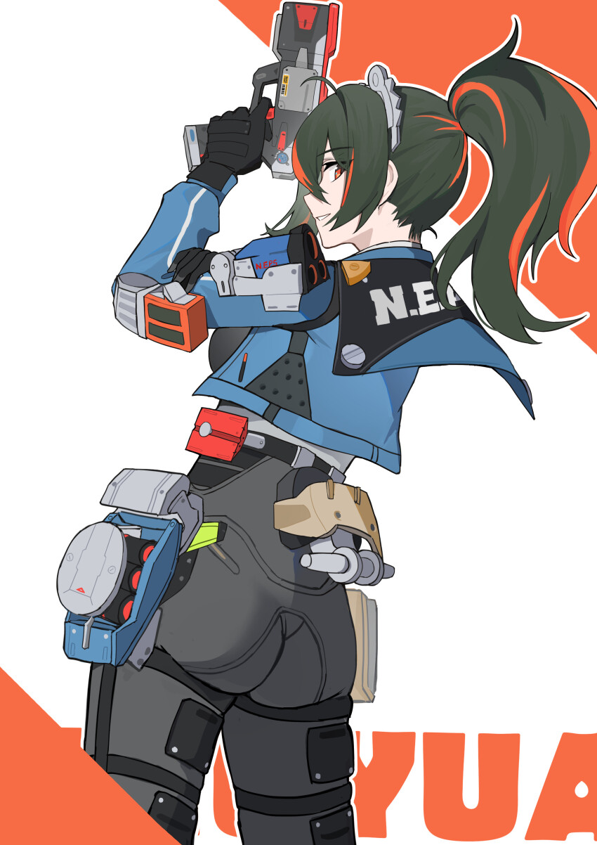 1girl absurdres arms_up ass black_gloves black_hair black_pants black_vest blue_jacket breasts character_name clothes_writing commentary_request cowboy_shot from_behind gloves gun hair_between_eyes handlebar high-waist_pants highres holding holding_gun holding_weapon holster holstered jacket long_hair long_sleeves looking_at_viewer medium_breasts metal_hairband multicolored_hair open_clothes open_jacket pants parted_lips police police_uniform policewoman ponytail profile red_eyes red_hair shirt shoulder_holster sidelocks smile solo standing streaked_hair tight_clothes tight_pants two-tone_hair vest weapon white_shirt zenless_zone_zero zerocaser zhu_yuan