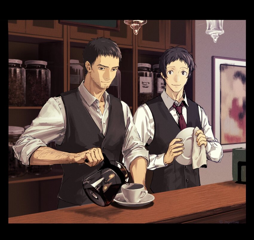 2boys adachi_tooru arm_hair beard_stubble black_hair black_vest cafe coffee_mug cup doujima_ryoutarou facial_hair highres holding holding_plate light_smile long_sleeves looking_at_another looking_at_object morrisuit mug multiple_boys necktie persona persona_4 persona_5 plate red_necktie shirt short_hair sleeves_rolled_up stubble vest white_shirt