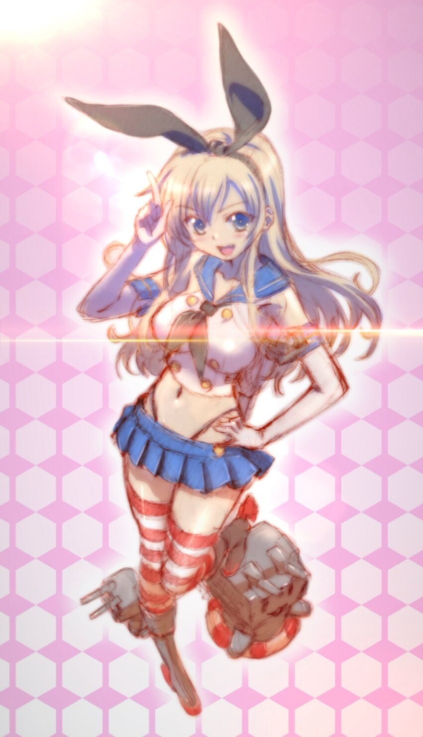 1girl black_hairband black_neckerchief black_panties blonde_hair blue_eyes blue_sailor_collar blue_skirt boku_wa_tomodachi_ga_sukunai breasts commentary_request cosplay crop_top elbow_gloves gloves hairband highleg highleg_panties highres kantai_collection kashiwazaki_sena large_breasts looking_at_viewer microskirt navel neckerchief panties red_thighhighs rensouhou-chan sailor_collar shimakaze_(kancolle) shimakaze_(kancolle)_(cosplay) skirt smile solo striped_clothes striped_thighhighs thighhighs thong underwear watanabe_yoshihiro white_gloves white_thighhighs