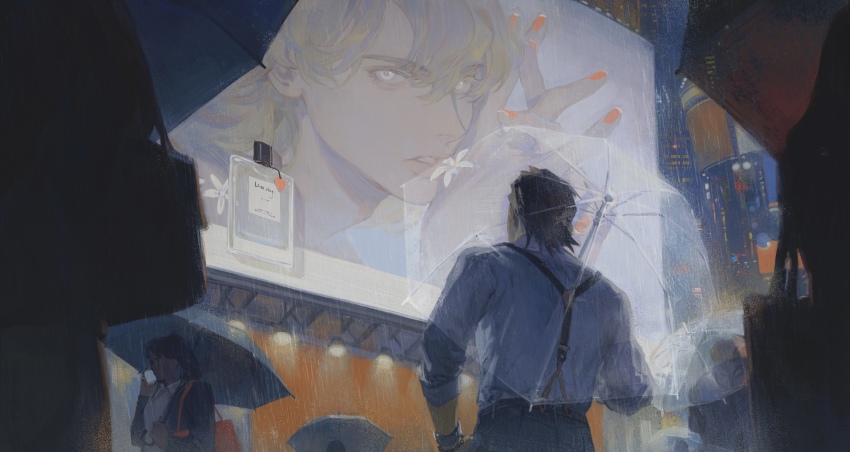 1boy absurdres barnaby_brooks_jr. billboard black_hair blonde_hair bottle creamyghost highres kaburagi_t._kotetsu male_focus orange_nails outdoors perfume_bottle rain shirt solo_focus suspenders tiger_&amp;_bunny transparent transparent_umbrella umbrella urban white_shirt