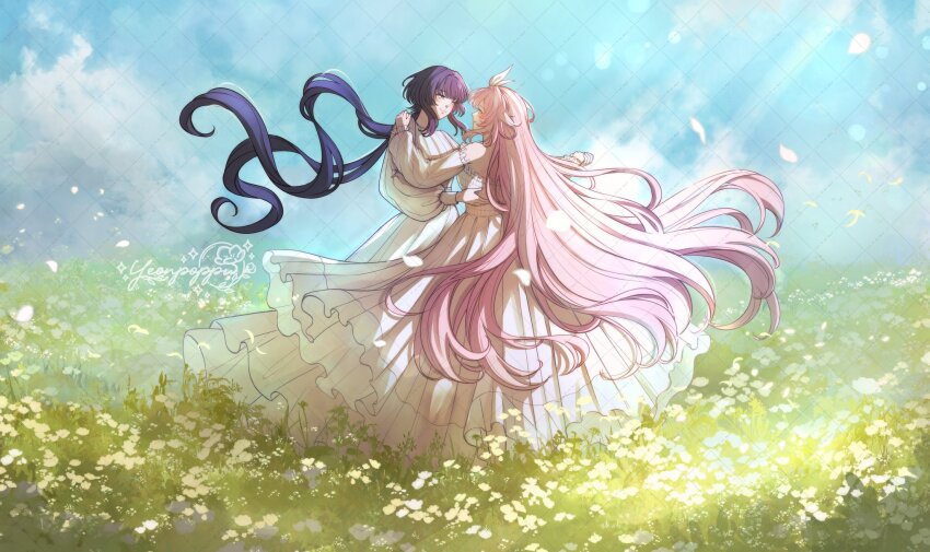 alternate_costume artist_name blue_sky commentary commission dancing dress elysia_(herrscher_of_human:_ego)_(honkai_impact) elysia_(honkai_impact) english_commentary field flower flower_field hair_ornament highres honkai_(series) honkai_impact_3rd long_hair looking_at_another outdoors purple_eyes raiden_mei sky smile very_long_hair white_dress yeonpoppu yuri