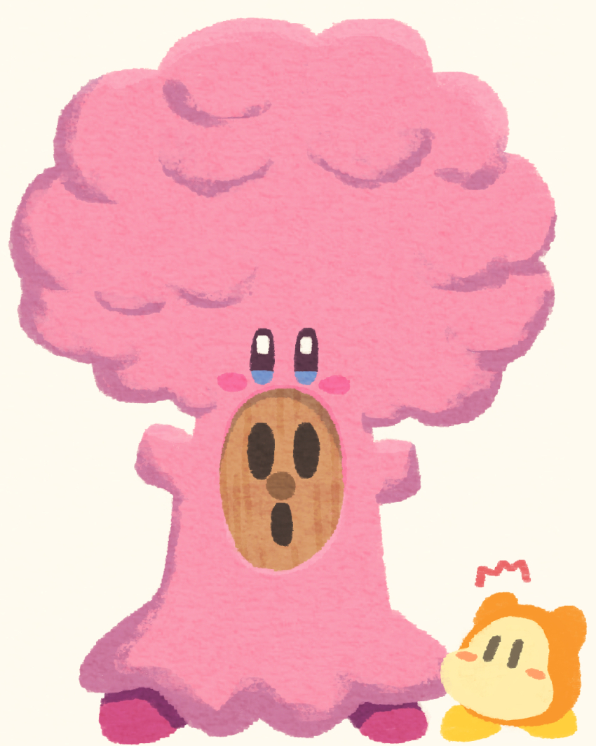 ^^^ blue_eyes blush_stickers highres kirby kirby_(series) kirby_and_the_forgotten_land looking_at_viewer miclot mouthful_mode nintendo open_mouth pink_shoes shoes simple_background surprised tree waddle_dee whispy_woods white_background yellow_shoes