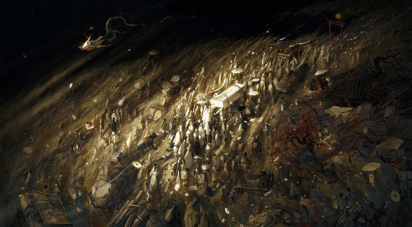 absurdly_detailed_composition chinese_commentary crowd dragon grass highres licheng199 litter_(vehicle) oil-paper_umbrella onmyoji pullcart scenery torii tree umbrella