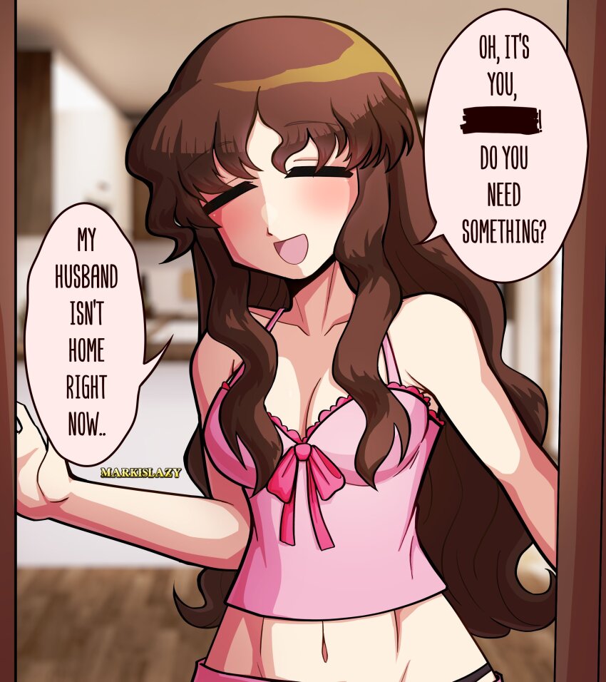 1girl absurdres artist_name azumanga_daiou bow bowtie breasts brown_hair cleavage closed_eyes commentary dialogue_box english_commentary english_text highres house housewife kimura&#039;s_wife markislazy mature_female medium_breasts midriff midriff_peek navel open_mouth opening_door pink_shirt shirt tank_top wavy_hair