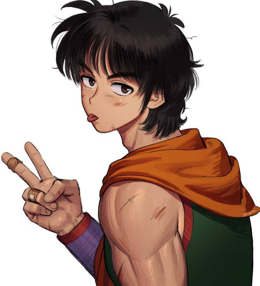 1boy bandaid bandaid_on_hand biceps black_hair brown_eyes character_request check_character dizim dragon_ball from_behind highres injury looking_back looking_to_the_side male_focus medium_hair messy_hair neckerchief scratches short_hair sleeveless solo tongue tongue_out upper_body v yamcha