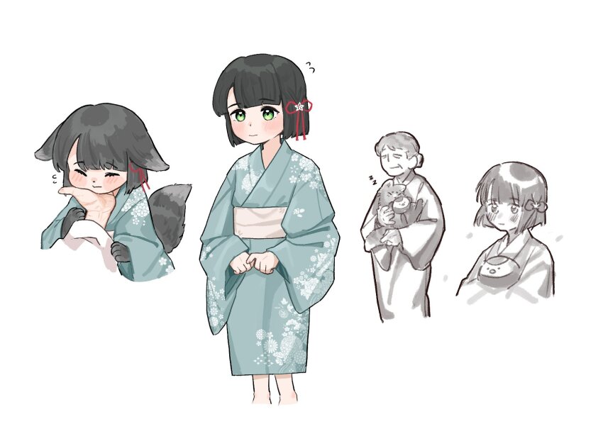 2girls aged_down animal_ears animal_hands basil_(wgh0anzdple3asf) black_hair blue_kimono blunt_bangs blunt_ends blush bob_cut closed_eyes commentary_request cropped_legs cropped_shoulders floral_print floral_print_kimono flower flower_knot flying_sweatdrops fox fox_ears fox_girl fox_tail grandmother_and_granddaughter hair_flower hair_ornament hand_on_another&#039;s_chin highres japanese_clothes kemonomimi_mode kimono korean_commentary link!_like!_love_live! long_sleeves love_live! momose_ginko momose_ginko&#039;s_grandmother multiple_girls multiple_views old old_woman partially_colored print_kimono short_hair simple_background stuffed_animal stuffed_bird stuffed_toy tail tsuru_(love_live!) virtual_youtuber white_background wide_sleeves zzz