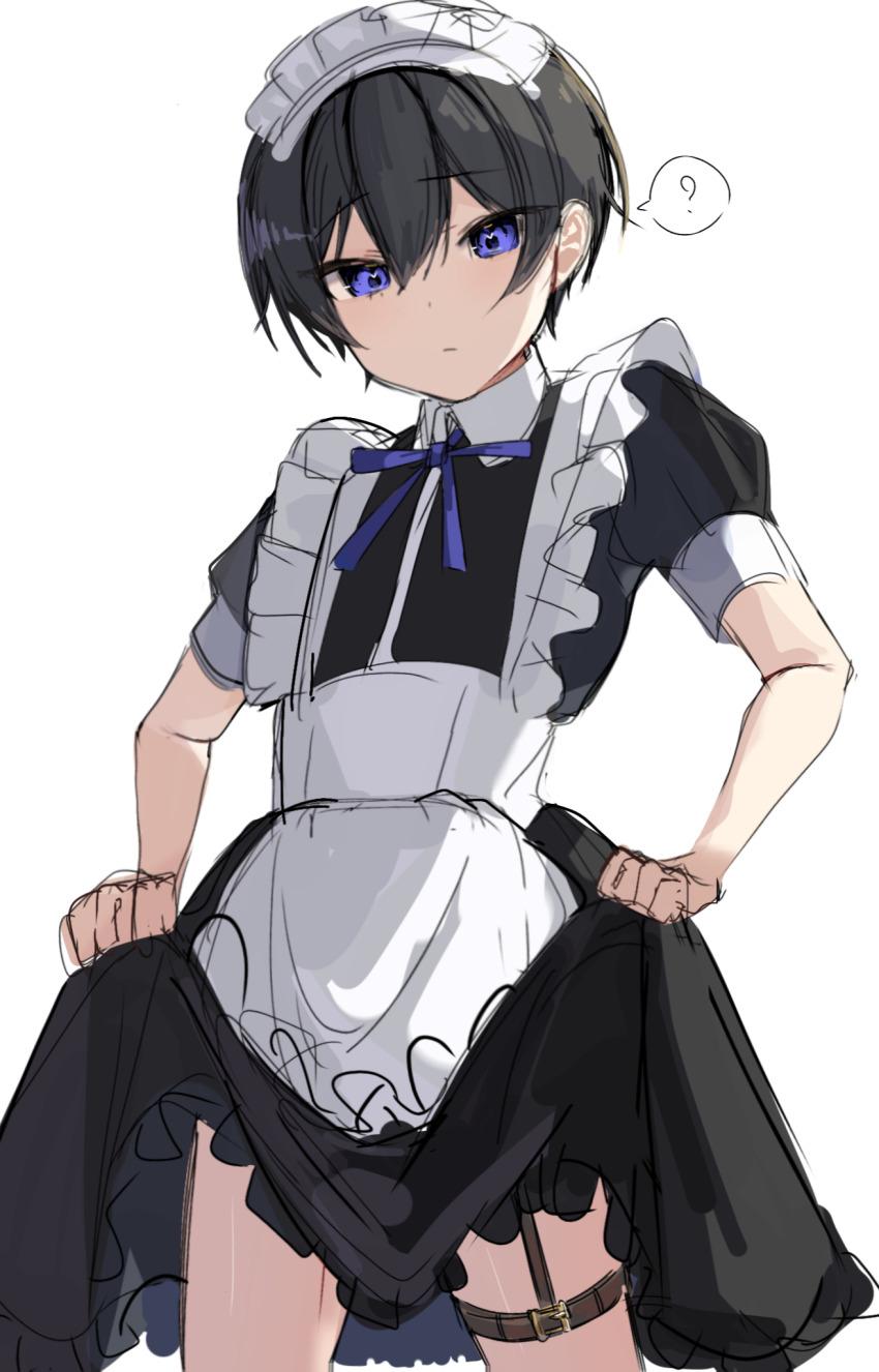 1boy ? apron black_dress black_shirt blue_eyes blue_ribbon brown_garter_straps clenched_hands closed_mouth clothes_lift collared_shirt commentary crossdressing crossdressing_(mtf) dot_nose double-parted_bangs dress english_commentary frilled_apron frilled_dress frilled_headwear frills garter_belt hair_between_eyes highres long_bangs maid maid_apron maid_headdress male_focus neck_ribbon original petite puffy_short_sleeves puffy_sleeves ribbon shirt short_hair short_sleeves simple_background skirt skirt_lift solo speech_bubble spoken_question_mark thighs user_kcdg4434 white_background