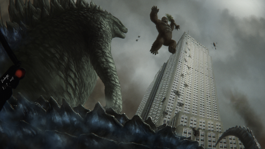 abs absurdres aircraft ape claws cloud cloudy_sky crossover dakouye destruction dinosaur flying giant giant_monster godzilla godzilla_(series) godzilla_vs._kong gorilla helicopter highres jumping kaiju king_kong king_kong_(series) legendary_pictures monster monsterverse muscular muscular_other no_humans open_mouth overcast pectorals realistic roaring sharp_teeth sky storm tail teeth toho traffic_light tree