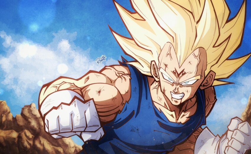 1boy bare_shoulders battle_damage blonde_hair blood blood_from_mouth blood_on_face blue_bodysuit bodysuit dragon_ball dragonball_z gloves green_eyes highres majin_vegeta male_focus medium_hair muscular muscular_male open_mouth renatt_(rntt_o) solo spiked_hair super_saiyan super_saiyan_2 upper_body vegeta white_gloves