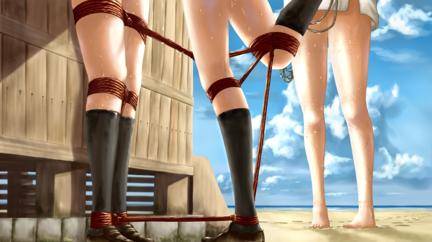 10s barefoot bdsm beach black_footwear black_socks bondage bound cloud day femdom footprints highres hiru-kun_no_ami kneehighs love_live! love_live!_sunshine!! lower_body ocean restrained rope rope_marks sakurauchi_riko shier&#039;s_web silk socks spider_web standing standing_on_one_leg takami_chika watanabe_you web yuri