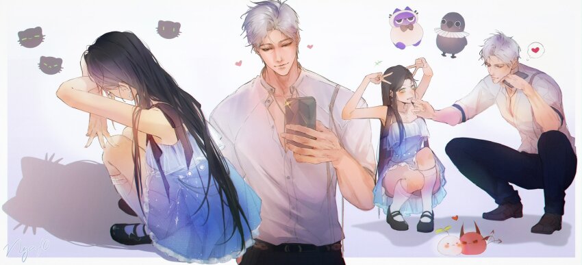 1boy 1girl belt blue_dress brown_hair cat_shadow_puppet_(meme) closed_mouth couple dress earrings heart hetero highres holding holding_phone jewelry long_hair looking_at_another love_and_deepspace meme multiple_views ng_ai0 pants parted_bangs phone protagonist_(love_and_deepspace) red_eyes shadow shirt shoes short_hair smile socks squatting stuffed_animal stuffed_bird stuffed_cat stuffed_toy sylus_(love_and_deepspace) white_hair white_shirt