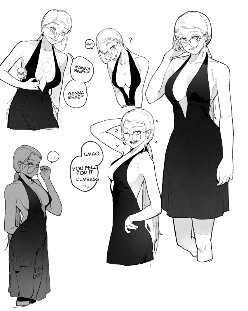 1girl ;d ? bare_shoulders breasts dress english_text female_commander_(girls&#039;_frontline) girls&#039;_frontline glasses greyscale highres huqu lady_gray_(girls&#039;_frontline) large_breasts long_hair looking_at_viewer monochrome multiple_views one_eye_closed open_mouth simple_background sleeveless sleeveless_dress smile white_background