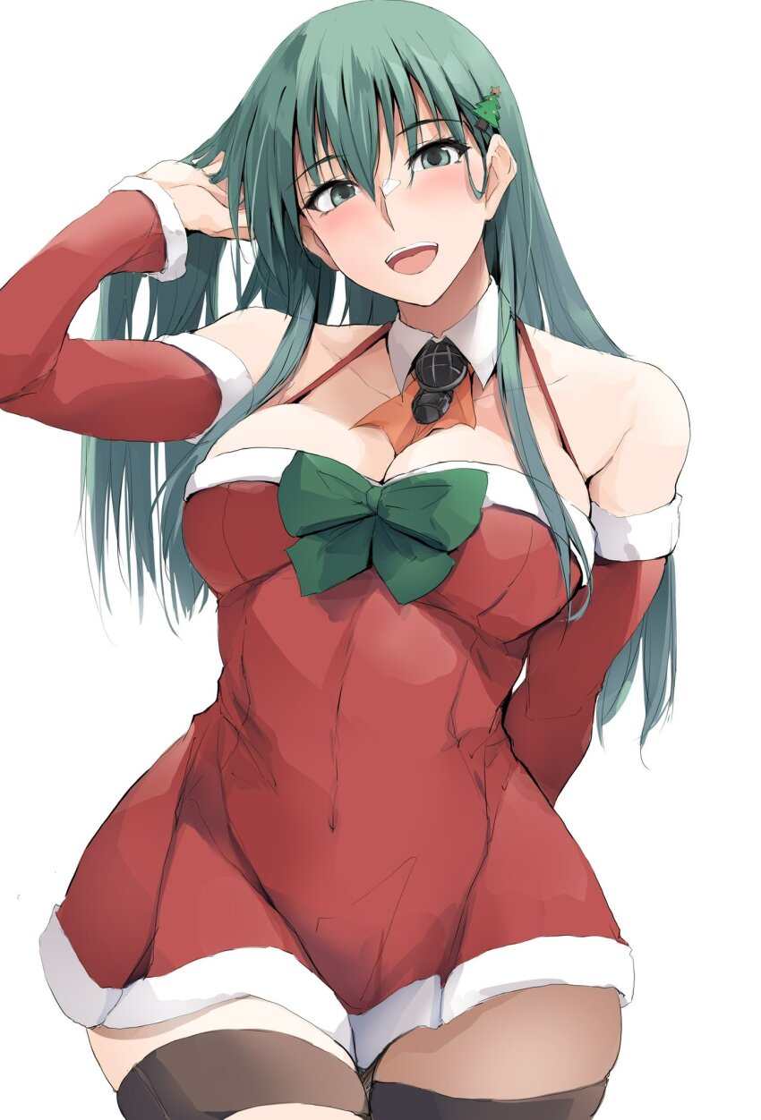 1girl blush breasts brown_thighhighs cleavage collarbone cowboy_shot detached_sleeves green_eyes green_hair hair_between_eyes highres kantai_collection large_breasts long_hair looking_at_viewer official_alternate_costume santa_costume simple_background smile solo suzuya_(christmas)_(kancolle) suzuya_(kancolle) thighhighs white_background zekkyon