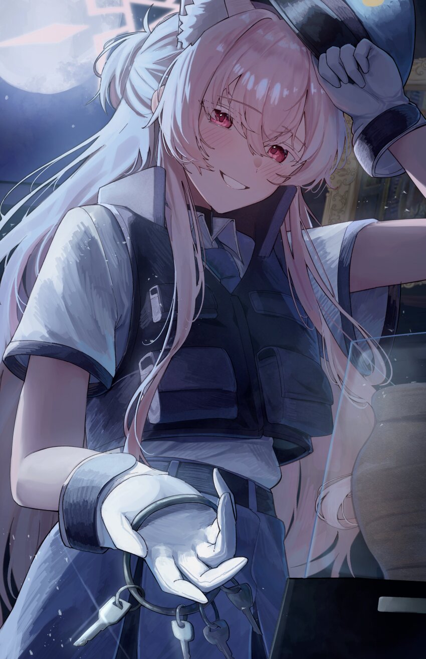 1girl absurdres akira_(blue_archive) alternate_costume animal_ears blue_archive blue_hat blue_skirt blush bulletproof_vest cat_ears cat_girl extra_ears gloves grin hair_between_eyes hat highres holding holding_key key keyring long_hair looking_at_viewer oiru_(613) peaked_cap pink_eyes pink_hair police police_uniform policewoman shirt short_sleeves sidelocks skirt smile solo white_gloves white_shirt