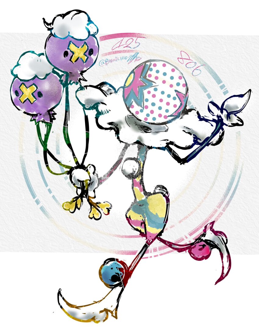arm_up blacephalon black_eyes bwmtk1110 collar drifloon frilled_collar frilled_cuffs frills full_body gen_4_pokemon gen_7_pokemon highres holding nintendo pokemon pokemon_(creature) pokemon_focus ultra_beast white_background x