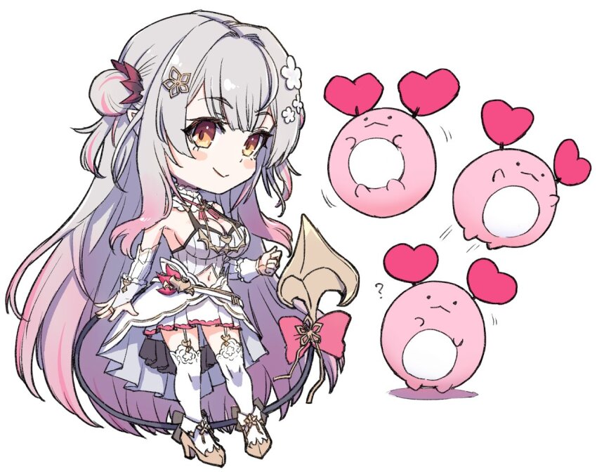 1girl blush breasts bridal_gauntlets brown_footwear cleavage closed_mouth commentary_request demon_girl demon_horns demon_tail double_bun full_body garter_straps gradient_hair grey_hair hair_bun high_heels horns indie_virtual_youtuber jyaco kanikama_(suou_patra) large_breasts long_hair looking_at_viewer multicolored_hair navel orange_eyes pink_hair pleated_skirt pointy_ears red_horns shirt simple_background skirt sleeveless sleeveless_shirt smile solo suou_patra suou_patra_(11th_costume) tail thighhighs virtual_youtuber white_background white_bridal_gauntlets white_shirt white_skirt white_thighhighs