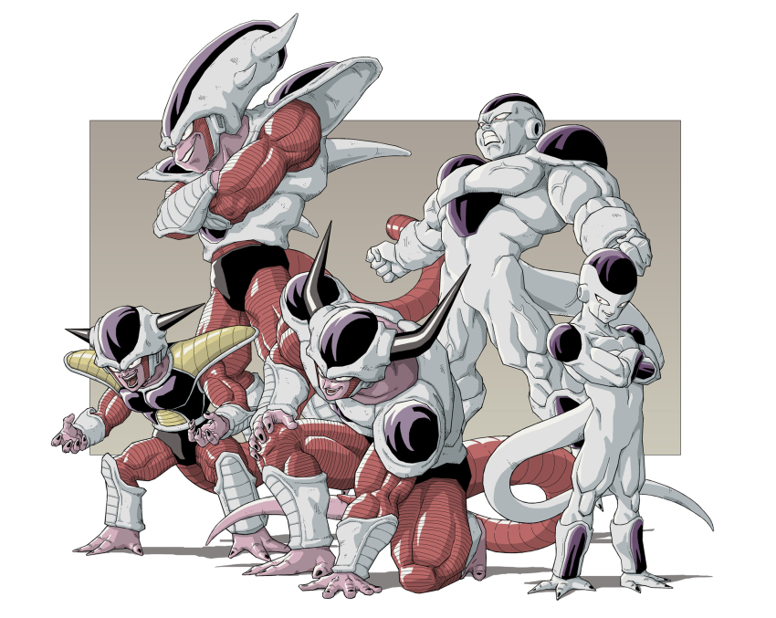 alien armor armored_boots armored_gloves boots colorized frieza full_body gem highres horns long_head long_horns long_tail looking_to_the_side mouth_hold muscular n n14542698 open_mouth pale_skin purple_gemstone red_eyes saiyan_armor simple_background smile standing tagme tail teeth_hold three_fingers veins