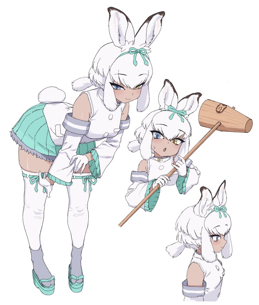 1girl animal_ears bare_shoulders blue_bow blue_eyes blue_footwear blue_skirt blush bow dark-skinned_female dark_skin detached_sleeves frilled_sleeves frills gloves grey_socks hair_between_eyes hair_bow heterochromia highres japari_symbol kakanashi1 kemono_friends kine mallet multiple_views okobo platform_sandals pleated_skirt rabbit_ears rabbit_girl rabbit_tail sandals school_uniform serafuku shirt short_hair sidelocks skirt smile socks sweatdrop tabi tail thighhighs tsukuyomi_shinshi_(kemono_friends) white_gloves white_hair white_shirt white_thighhighs yellow_eyes zettai_ryouiki