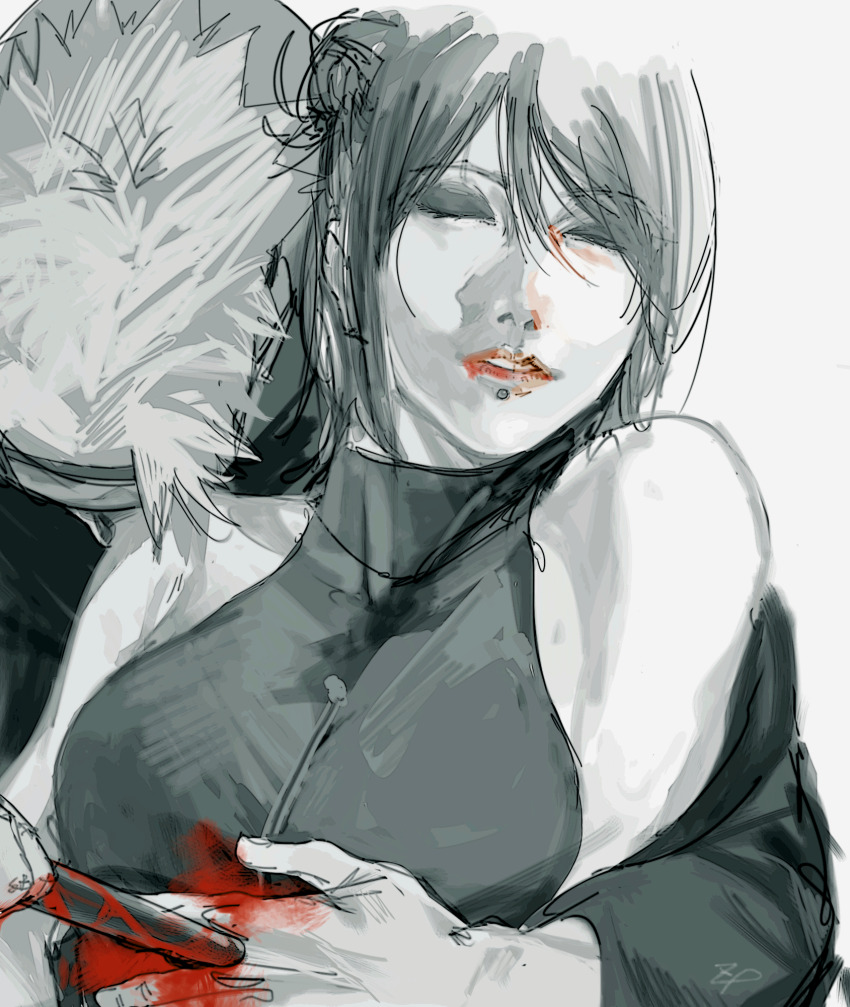 1boy 1girl blood death highres holding holding_polearm holding_weapon hug konan_(naruto) monochrome naruto_(series) naruto_shippuuden pain_(naruto) polearm short_hair simple_background sleeveless spiked_hair stab upper_body weapon white_background zifletts