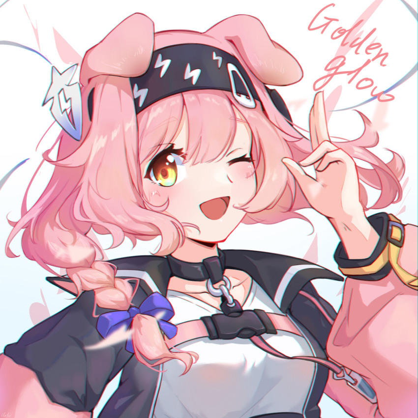 1girl ;d animal_ears arknights black_hairband black_jacket blouse blue_bow blush bow braid breasts brown_eyes cat_ears character_name clotho_matcha commentary_request goldenglow_(arknights) hair_between_eyes hair_bow hair_over_shoulder hairband hand_up highres jacket lightning_bolt_print long_hair long_sleeves looking_at_viewer one_eye_closed open_clothes open_jacket open_mouth pink_hair print_hairband puffy_long_sleeves puffy_sleeves shirt single_braid small_breasts smile solo upper_body white_background white_shirt