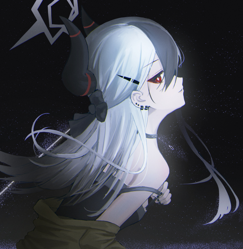 1girl absurdres black_bow black_dress black_horns black_nails blue_archive bow brown_jacket commentary_request demon_horns dress ear_piercing from_side hair_between_eyes hair_bow halo highres horns jacket kayoko_(blue_archive) kayoko_(dress)_(blue_archive) long_hair looking_at_viewer night night_sky official_alternate_costume official_alternate_hairstyle parted_lips piercing red_eyes sky solo xin1