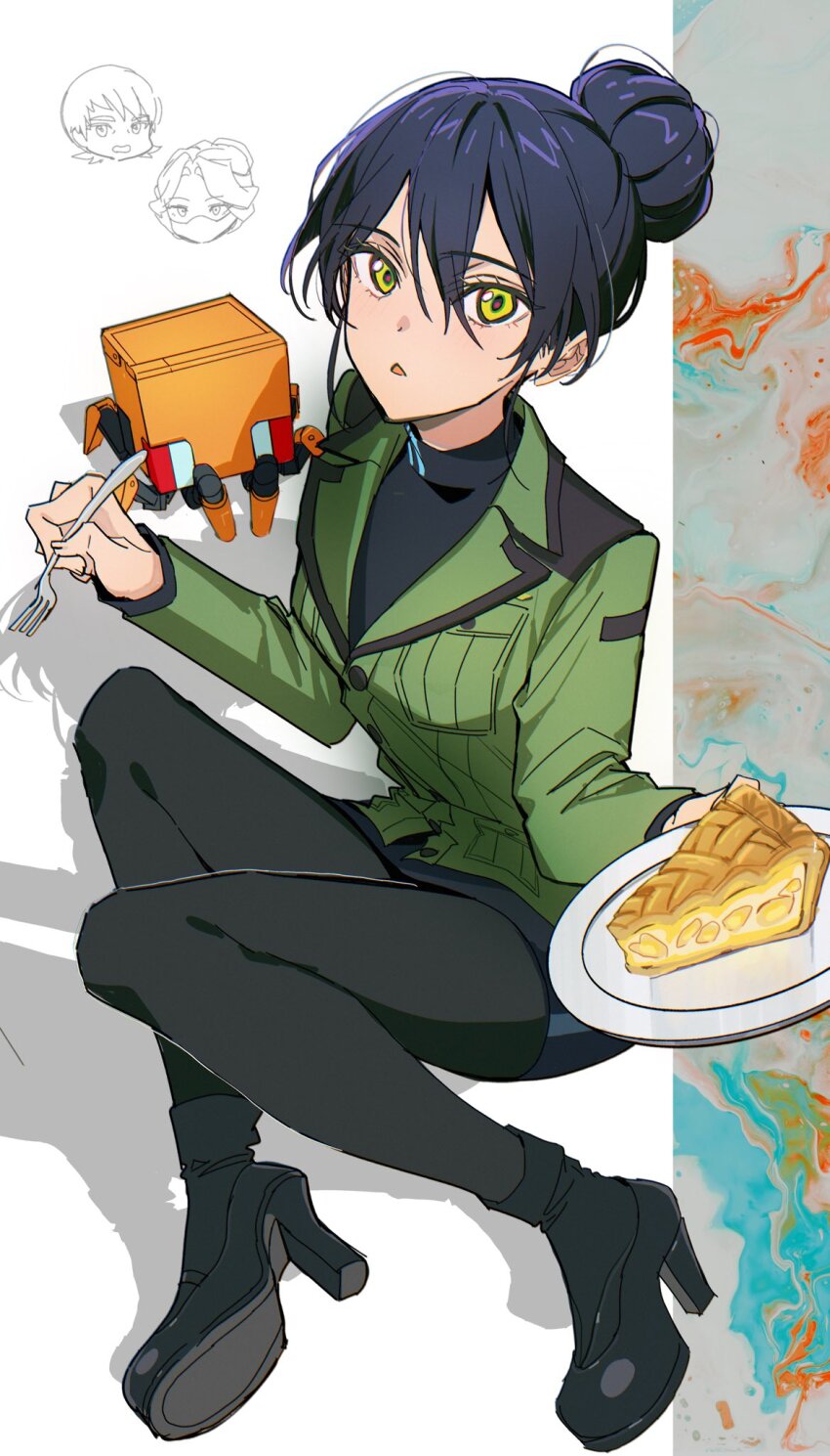 1boy 2girls ankle_boots black_boots black_hair black_pantyhose black_shirt boots chibi chibi_inset commentary conch_(gundam) double-parted_bangs food fork green_eyes green_jacket gundam gundam_gquuuuuux hair_between_eyes hair_bun high_heel_boots high_heels highres holding holding_fork holding_plate jacket kawachi_rin kycilia_zabi legs long_sleeves looking_at_viewer military_jacket multiple_girls non-humanoid_robot nyaan_(gundam_gquuuuuux) pantyhose parted_lips pie pie_slice plate robot shadow shirt shoe_soles single_hair_bun sitting solo_focus triangle_mouth turtleneck turtleneck_shirt xavier_olivette yokozuwari