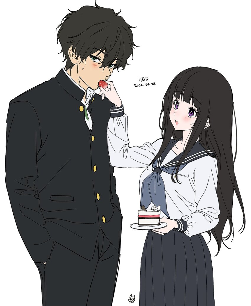 1boy 1girl black_hair cake chitanda_eru feeding food fruit highres hyouka long_hair mery_(yangmalgage) messy_hair oreki_houtarou purple_eyes school_uniform short_hair strawberry