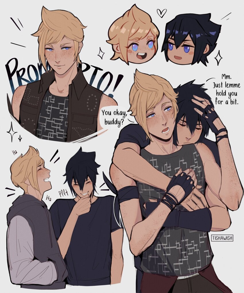2boys armband black_gloves black_hair black_jacket black_pants black_shirt blonde_hair blush casual character_name closed_eyes collared_jacket commentary crew_neck cropped_torso english_commentary eye_contact final_fantasy final_fantasy_xv fingerless_gloves freckles glove_cutout gloves hair_between_eyes hand_in_pocket hand_on_another&#039;s_head head_back highres hood hoodie hug hug_from_behind jacket laughing long_sleeves looking_at_another lower_teeth_only male_focus multiple_boys multiple_views noctis_lucis_caelum open_mouth pants print_shirt prompto_argentum shirt short_hair sleeveless sleeveless_jacket sleeveless_shirt sparkle speech_bubble t-shirt teeth tishawish tongue upper_teeth_only white_background yaoi