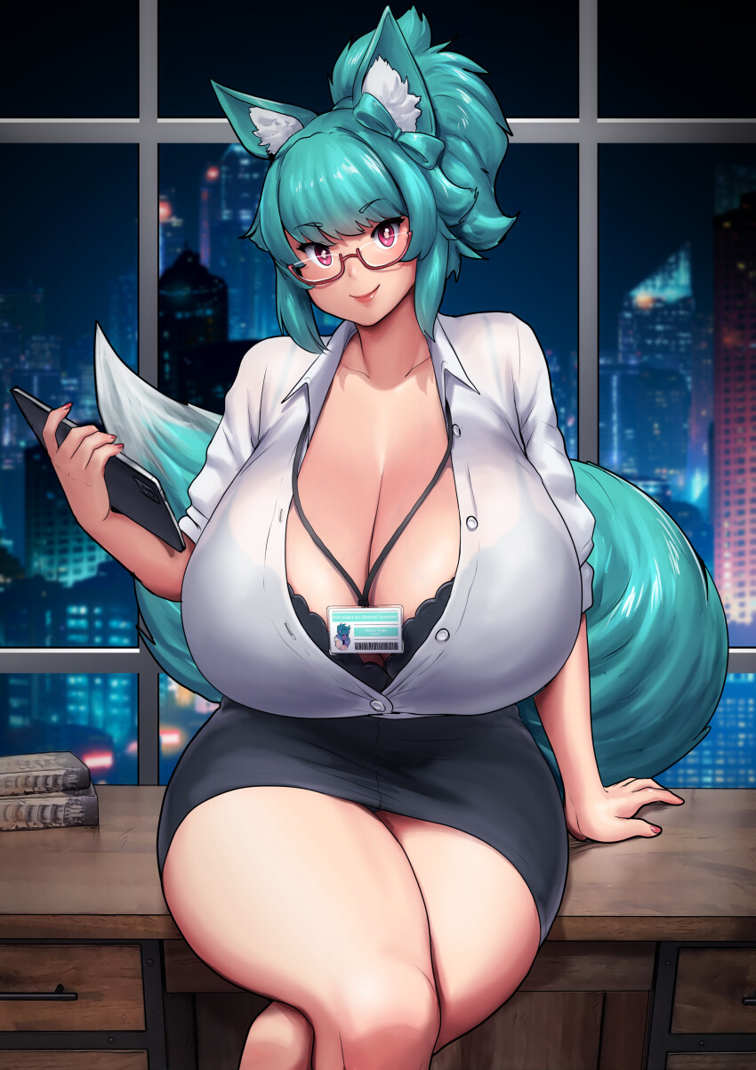 1girl absurdres alyssa_taiga_(busmansam) animal_ear_fluff animal_ears aqua_bow aqua_hair aqua_tail black_bra black_skirt borrowed_character bow bra bra_visible_through_clothes breasts cityscape cleavage collared_shirt desk erkaz feet_out_of_frame glasses hair_bow highres huge_breasts looking_at_viewer name_tag night office_lady on_desk original partially_unbuttoned pink_eyes red-framed_eyewear red_nails semi-rimless_eyewear shirt short_sleeves sitting skirt smile solo tail under-rim_eyewear underwear white_shirt