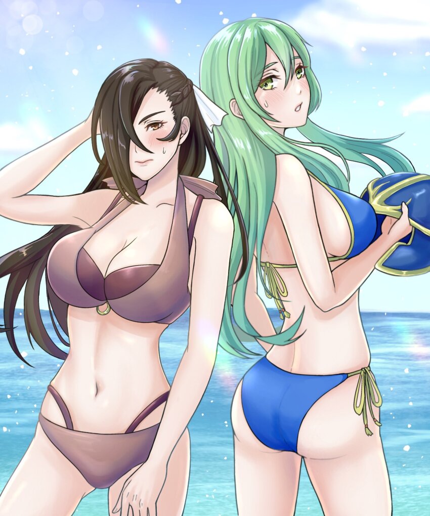 2girls alternate_costume ass bikini blue_bikini blush breasts brown_bikini brown_eyes brown_hair commission fire_emblem fire_emblem:_path_of_radiance fire_emblem_fates gluteal_fold green_hair highres kagero_(fire_emblem) kousetu0506 large_breasts looking_at_viewer multiple_girls nephenee_(fire_emblem) nintendo ocean outdoors ponytail skeb_commission swimsuit