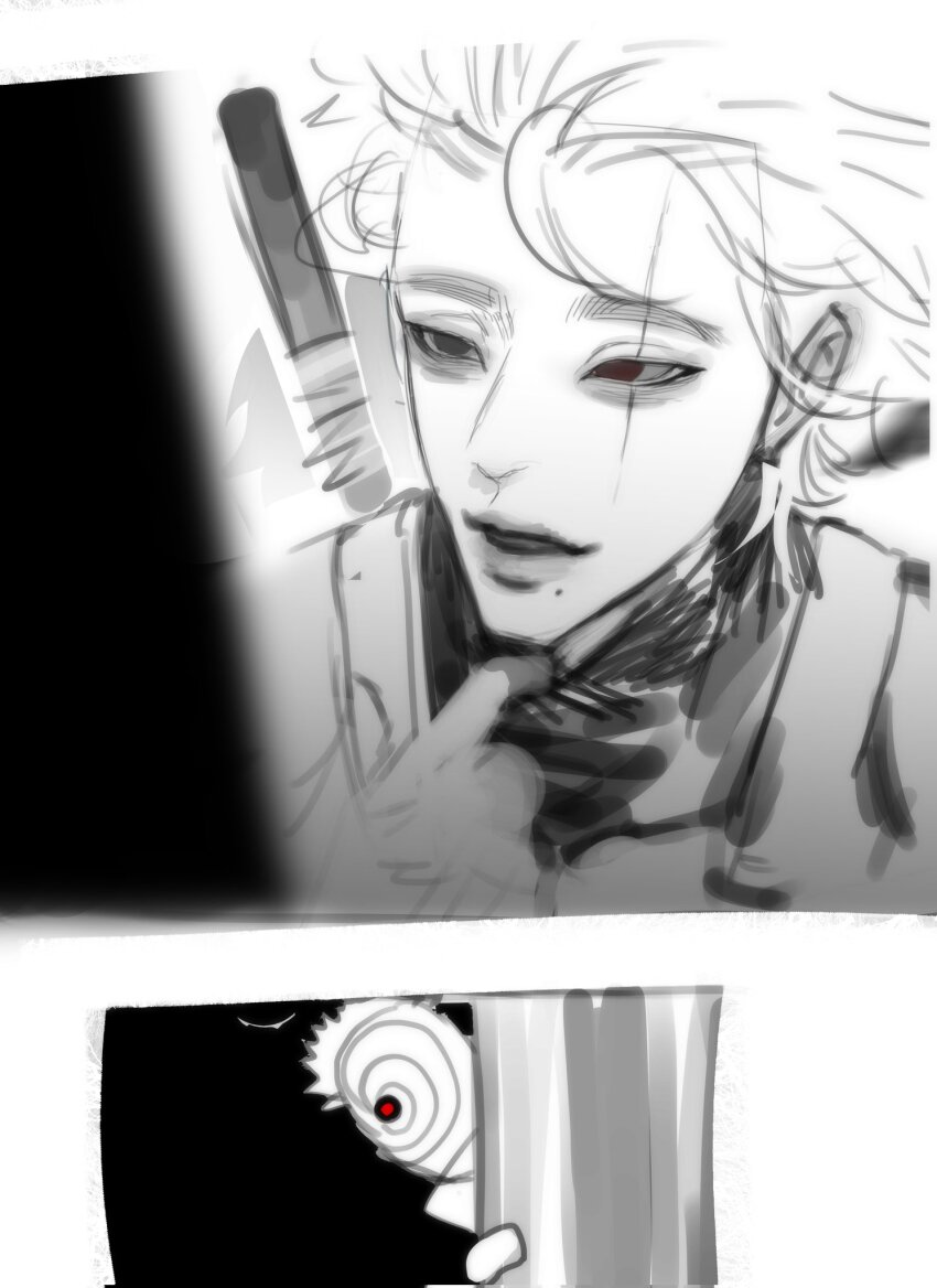 2boys hatake_kakashi highres lips male_focus mask masked_madara mole monochrome mouth_pull multiple_boys naruto_(series) naruto_shippuuden red_eyes scar scar_across_eye scar_on_face sharingan short_hair ssxssss_848 tobi_(naruto) uchiha_obito