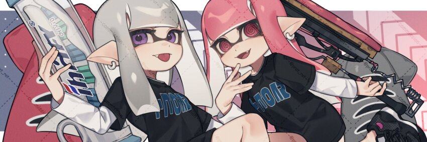 2girls :p @_@ black_shirt blunt_bangs closed_mouth commission decavitator_(splatoon) earrings fang fang_out grey_hair hand_up highres holding holding_weapon inkling inkling_girl inkling_player_character jewelry layered_sleeves long_hair long_sleeves looking_at_viewer multiple_girls nintendo open_mouth pink_eyes pink_hair pointy_ears prat_rat purple_eyes shirt short_over_long_sleeves short_sleeves smile splatana_wiper_(splatoon) splatoon_(series) splatoon_3 tentacle_hair tongue tongue_out watermark watermark_grid weapon