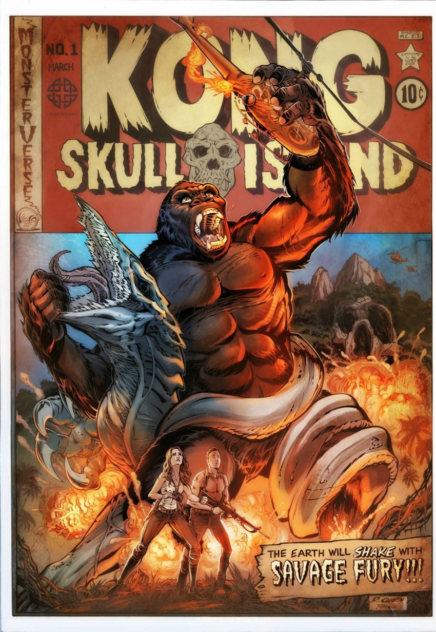1boy 1girl abs aircraft ape battle bell_helicopter camera comic fake_comic fight fire giant giant_monster gorilla gun helicopter highres james_conrad jungle kaiju king_kong king_kong_(series) kong:_skull_island legendary_pictures mason_weaver monster monsterverse mountain muscular muscular_male nature night parody pectorals prehensile_tail randy_queen roaring scar scar_on_chest see-through_body skull_peak skullcrawler style_parody tail text_focus translucent tree uh-1_iroquois utility_helicopter weapon