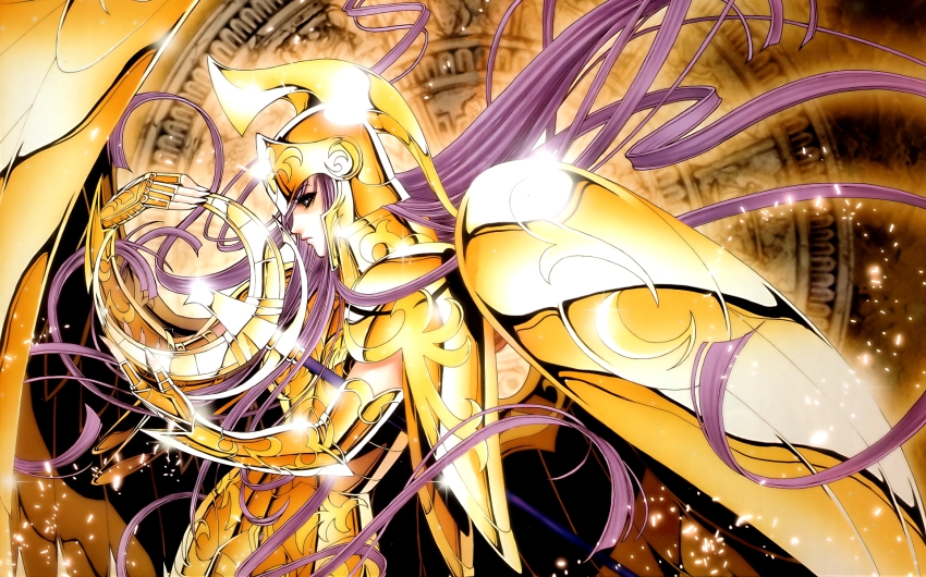 1girl armor athena female_focus gauntlets gold_armor gold_cloth highres holding long_hair pauldrons purple_hair saint_seiya shoulder_armor solo staff