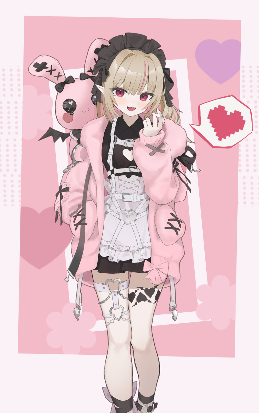 1girl :d absurdres apron between_fingers black_dress brown_hair collared_dress commentary_request cuffs dress feet_out_of_frame frilled_apron frills hand_up handcuffs heart highres holding hui_yu_yu_yu_ye jacket long_sleeves makaino_ririmu makaino_ririmu_(5th_costume) multicolored_hair nijisanji open_clothes open_jacket open_mouth pink_background pink_hair pink_jacket pixelated pleated_dress puffy_long_sleeves puffy_sleeves red_eyes sleeves_past_wrists smile solo spoken_heart standing streaked_hair stuffed_animal stuffed_rabbit stuffed_toy virtual_youtuber white_apron