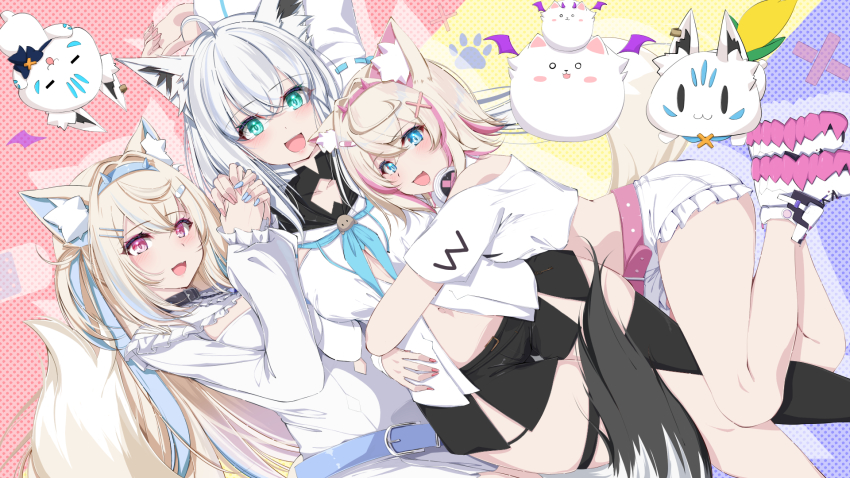 3girls 4others ahoge animal_ear_fluff animal_ears aqua_belt aqua_eyes aqua_hair aqua_nails aqua_neckerchief arms_around_waist asymmetrical_legwear belt black_shorts black_thighhighs blonde_hair blush boots breasts collarbone dog_ears dog_girl dog_tail fox_ears fox_girl fox_tail fuwawa_abyssgard green_eyes hair_intakes hair_ornament hairclip highres hiro_(phese) hololive hololive_english horn_hairband hug large_breasts long_hair long_sleeves medium_breasts mococo_abyssgard multiple_girls multiple_others navel neckerchief open_mouth perroccino_(fuwamoco) pink_belt pink_eyes pink_hair pink_nails shirakami_fubuki shirt short_hair short_shorts shorts smile stomach sukonbu_(shirakami_fubuki) tail thigh_strap thighhighs virtual_youtuber white_boots white_hair white_shirt white_shorts x_hair_ornament