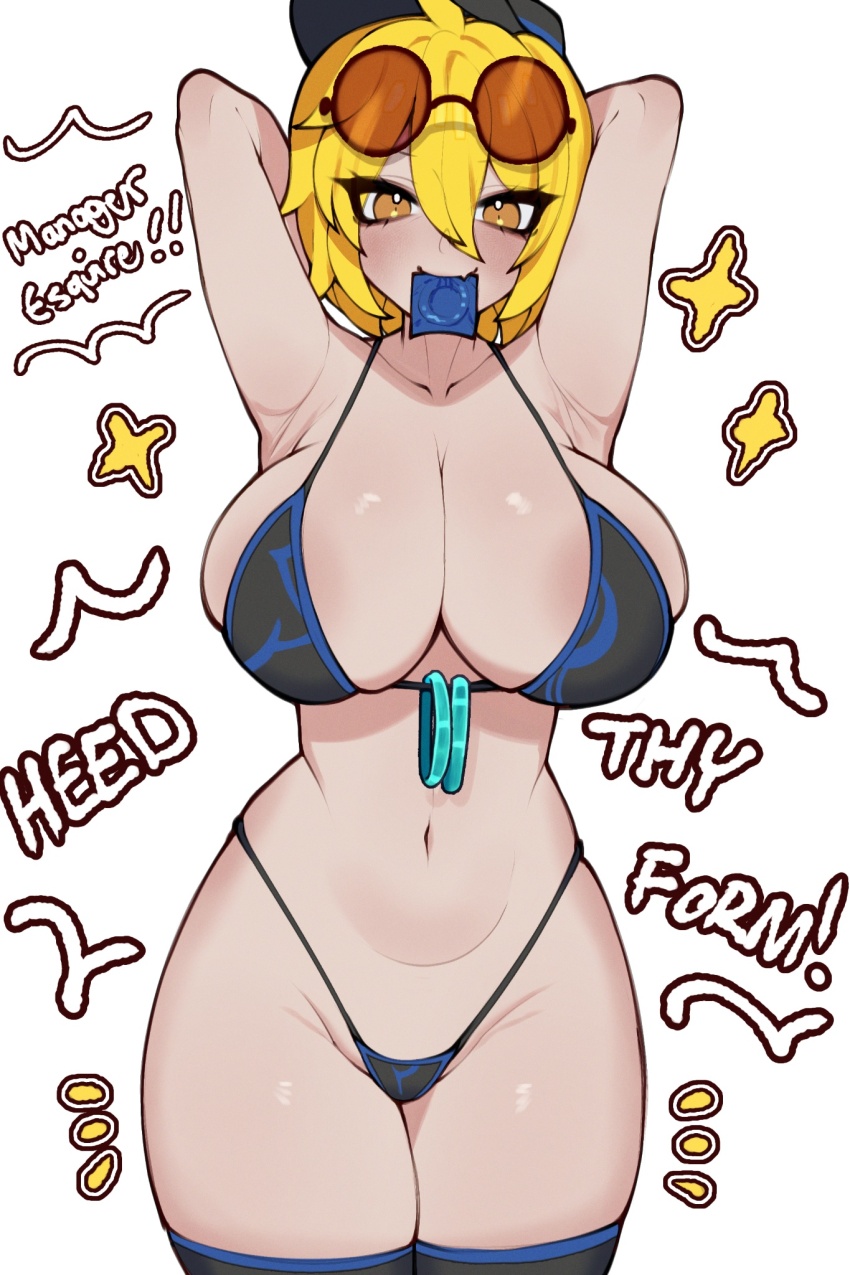 1girl armpit_crease armpits bikini black_hat black_thighhighs blonde_hair blue_bikini blue_trim bracelet breasts cinq_association_(identity)_(project_moon) commentary condom condom_in_mouth condom_wrapper don_quixote_(project_moon) english_commentary english_text fang fedora glasses hat highres jewelry large_breasts limbus_company mouth_hold presenting_armpit project_moon renata11033 short_hair simple_background skin_fang solo star_(symbol) swimsuit thighhighs white_background yellow_eyes