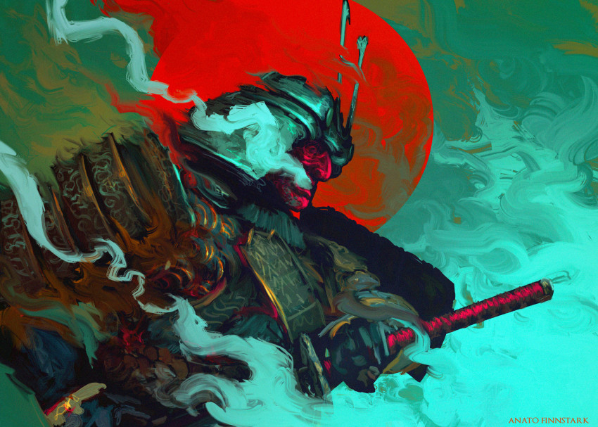1other ambiguous_gender anato_finnstark armor artist_name commentary dou english_commentary fantasy helmet highres holding holding_sword holding_weapon japanese_armor kabuto_(helmet) katana original sheath shoulder_armor sode sword unsheathing weapon